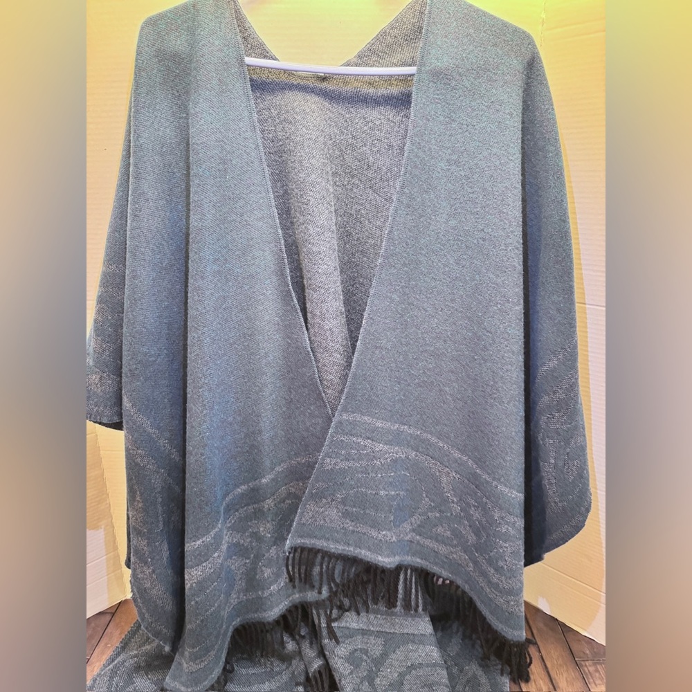 Vtg Molina Jimmy Hourihan Cape Shawl Wool Cashmere OS Blue Gray Fringe Festival